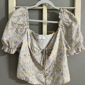 ASTR Women's Floral Puff Sleeve Top - Yellow and Blue